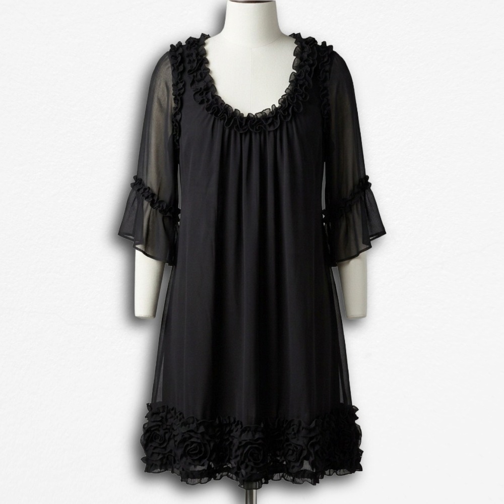 Holy‎ Codi Studio Black Ruffle Mini Dress Sheer Bell Sleeve Babydoll Small